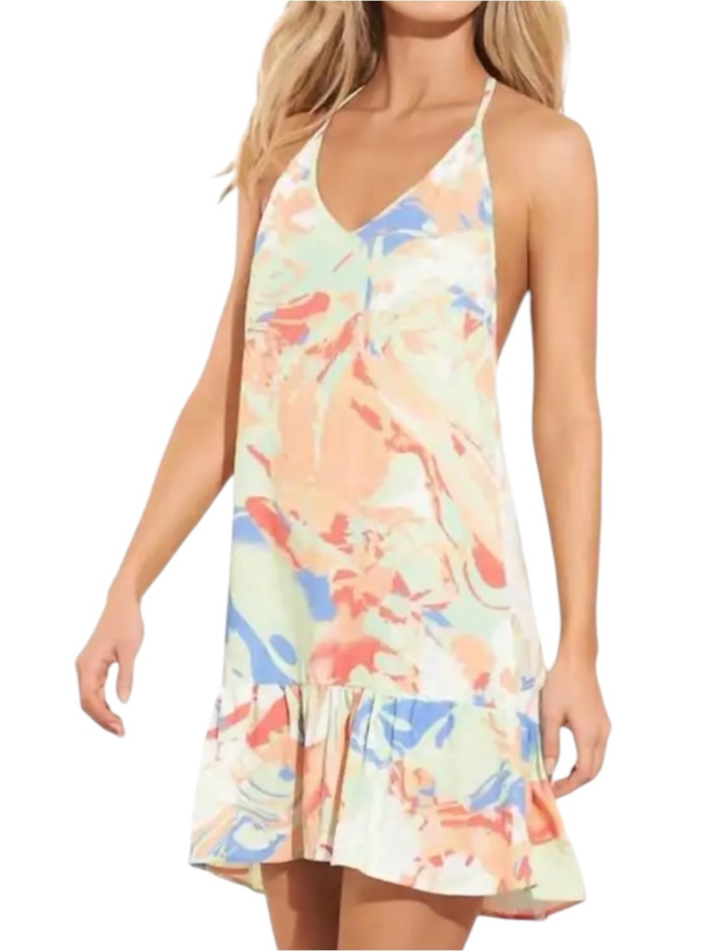 Maaji Ruffle Hem Racerback Sleeveless V-Neck Pastel Marble Slip Mini Dress